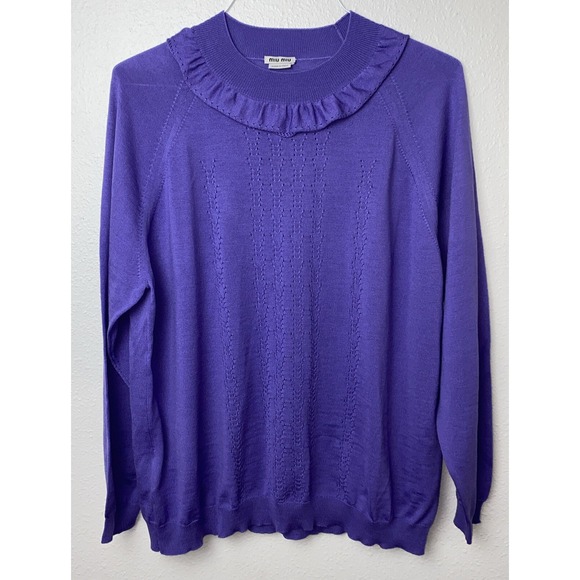 Miu Miu Sweaters - Miu Miu Women's Size 50 Purple 100%‎ Wool Knit Long Sleeve Ruffel Neck Sweater